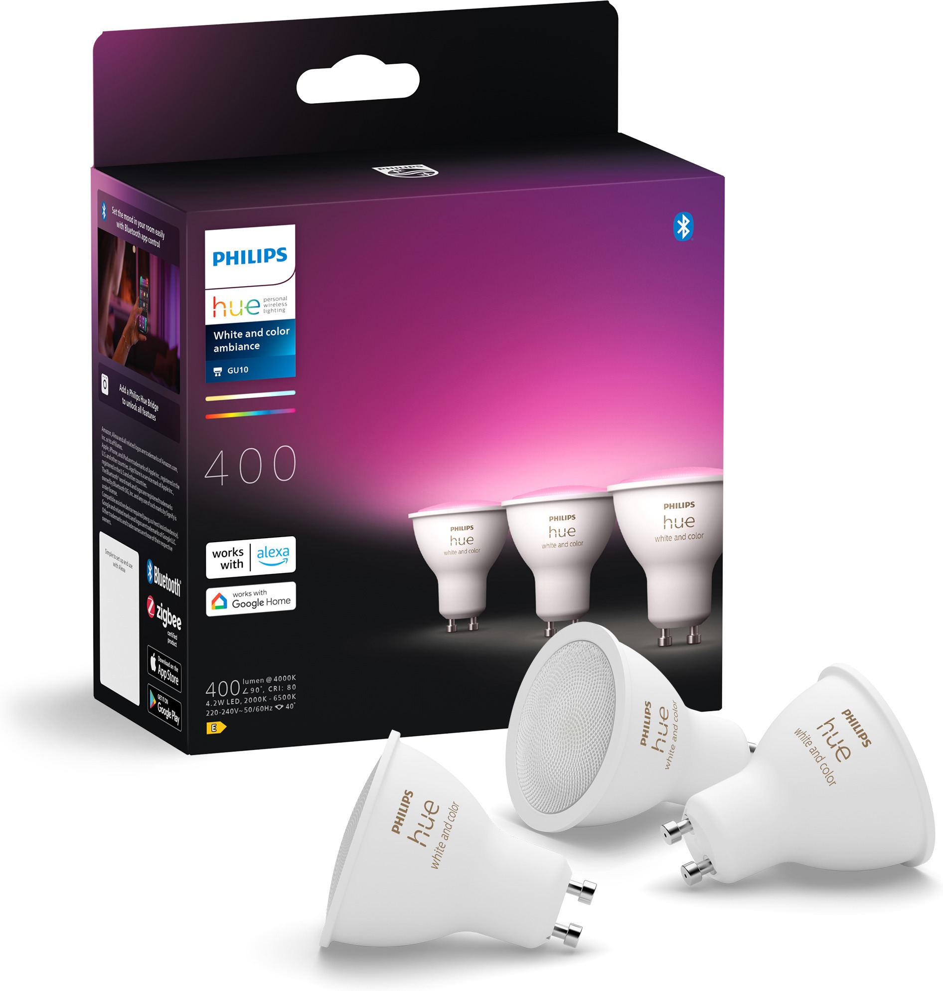 Philips Hue LED nutipirn, BT, valge ja värviline meeleoluvalgus, GU10, 4,2 W, 3 tk pakis