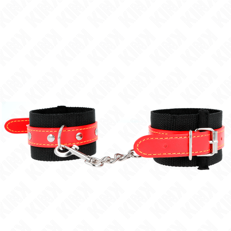 NYLON WRIST RESTRAINTS BLACK WITH LEATHERETTE RED ADJUSTABLE 19-24 CM X 5.5 CM