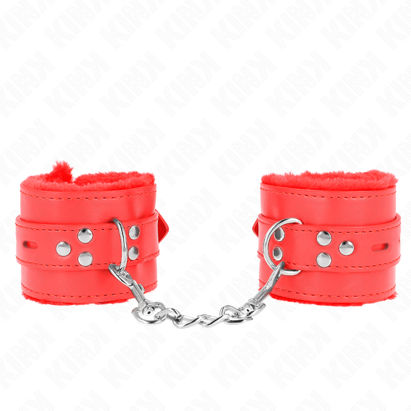 FUR LINED WRIST RESTRAINTS WITH SQUARE HOLES RED AND RED BELT ADJUSTABLE 17-29 CM X 6 CM