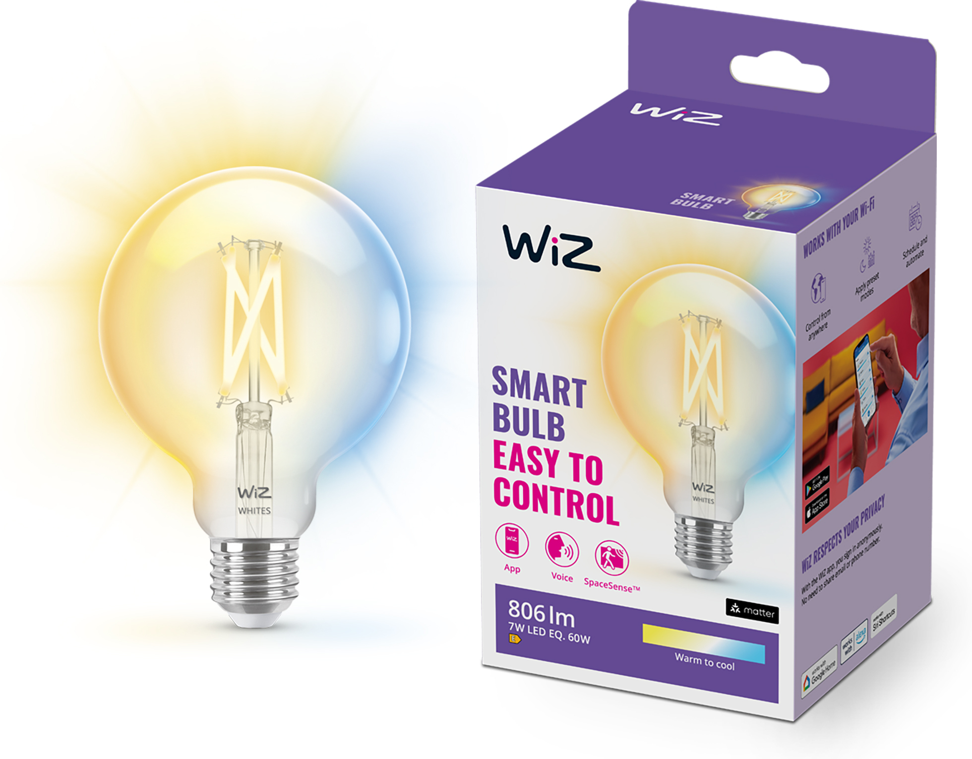 WiZ nutikas pirni gloobus, E27, läbipaistev klaas, häälestatav valge - valge valguse varjundid, Wi-Fi, 2700-6500 K, 806 lm, 9 cm
