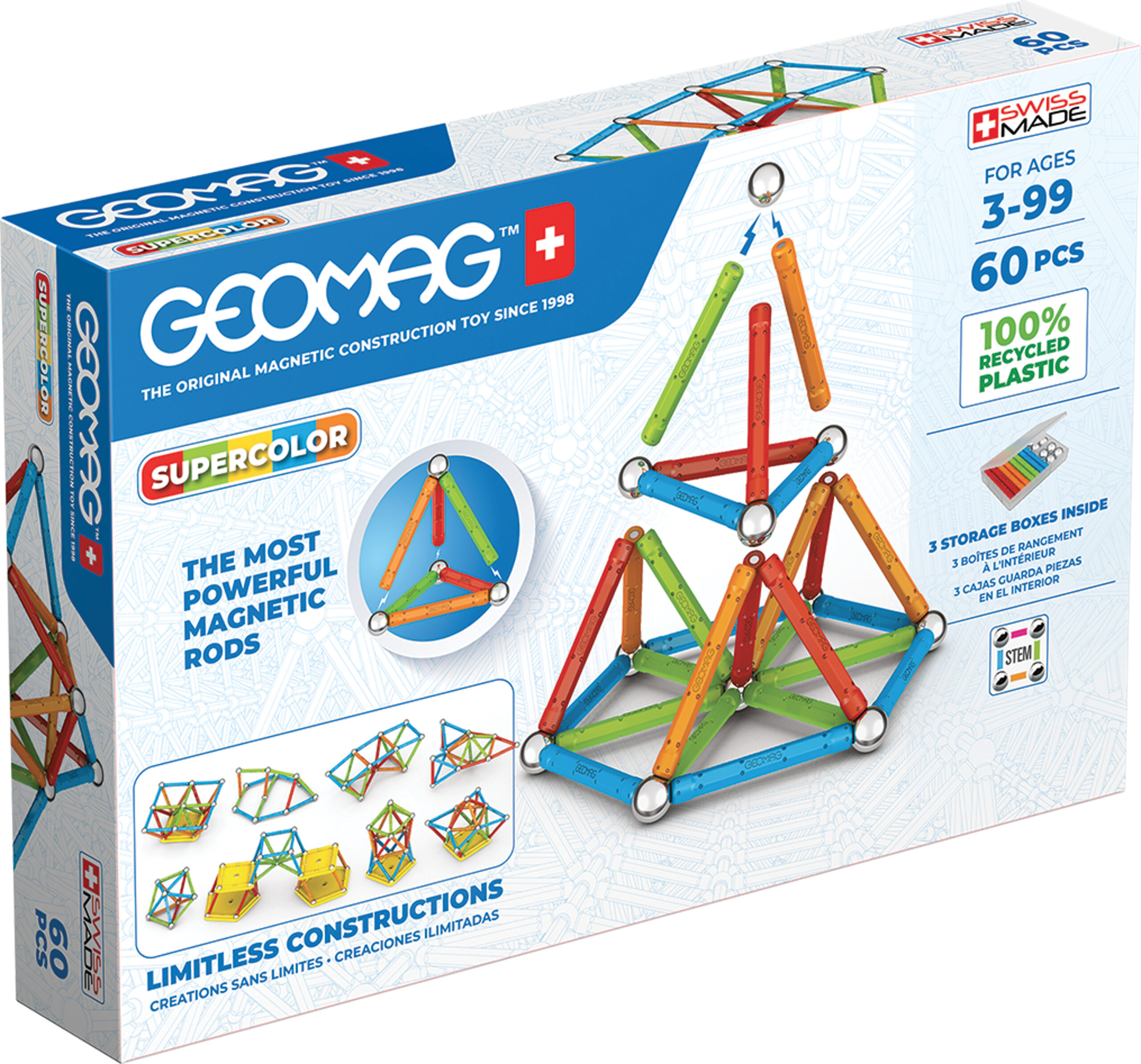 Geomag Supercolor Panels taaskasutatud magnetiline ehituskomplekt, 60 osa