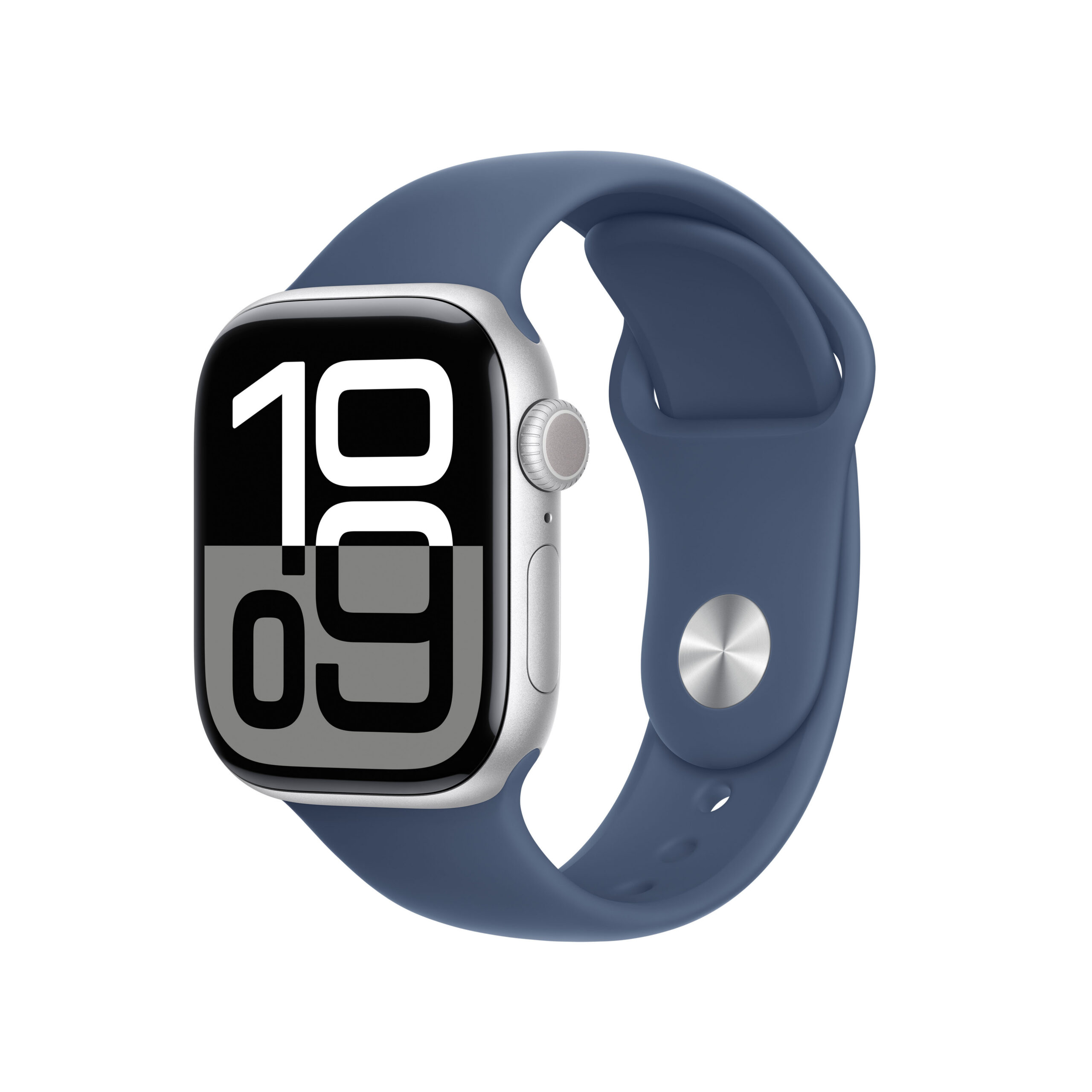 Apple Watch Series 10 (GPS) 42 mm hõbedane alumiiniumümbris teksasinise spordirihmaga, M/L (MWWC3)