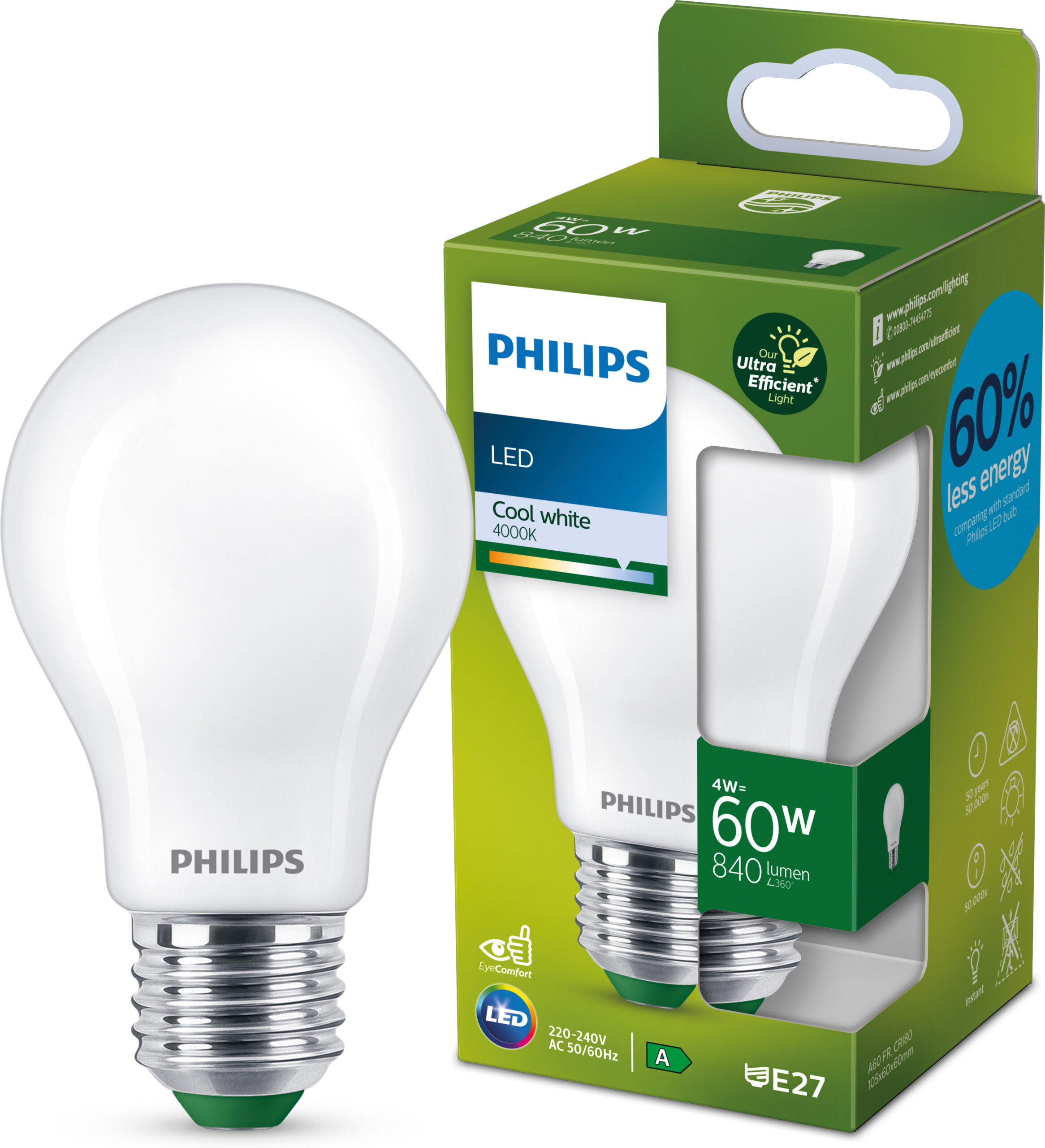 Philipsi ülitõhus LED-pirn, E27, 4000K, 840 lm, opaalviimistlusega