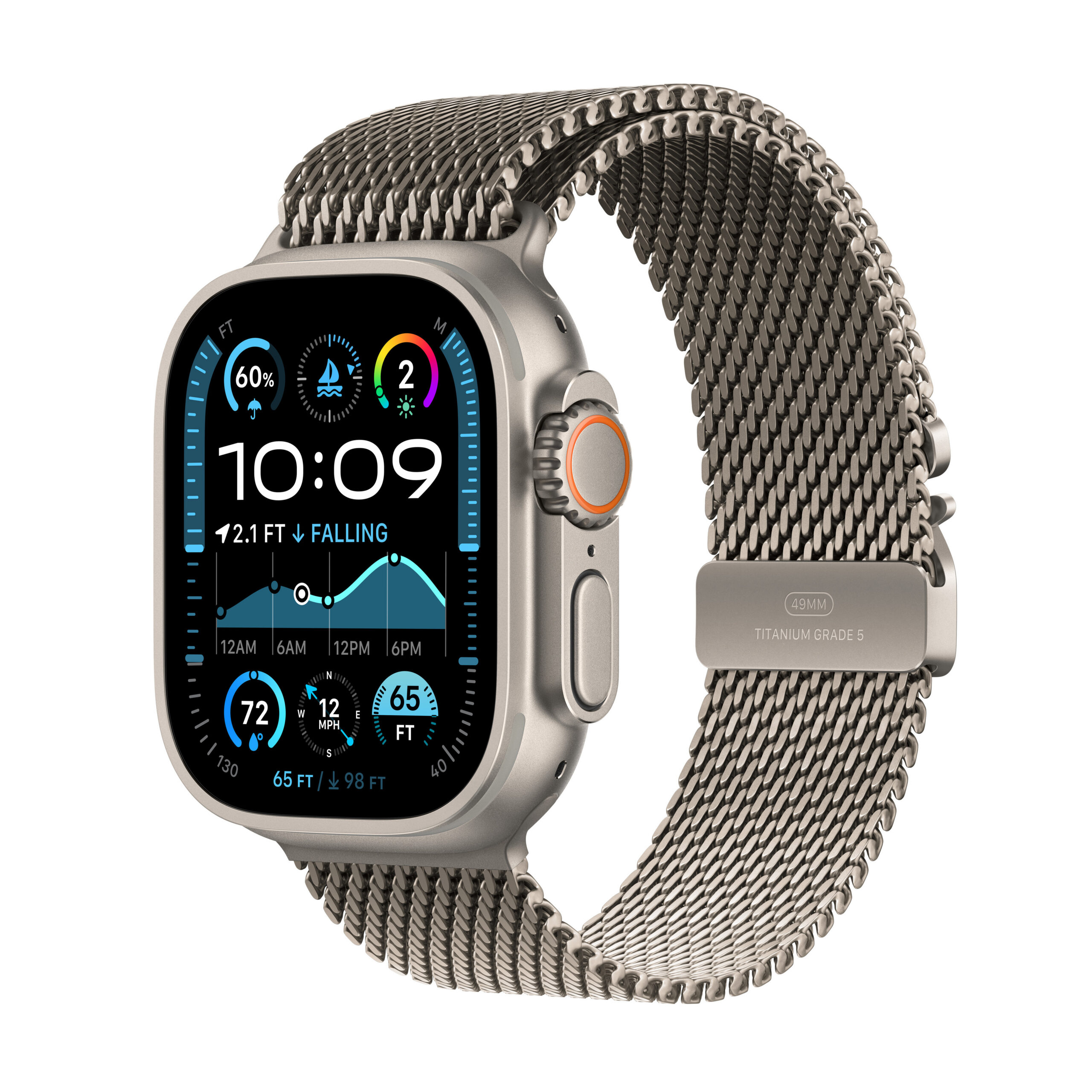 Apple Watch Ultra 2 (GPS + Cellular) 49 mm naturaalsest titaanist ümbris ja naturaalsest titaanist Milano rihm, väike (MX4M3)