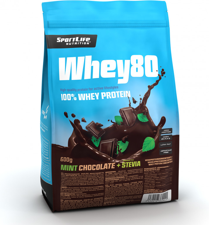 SportLife Whey80 piparmündi-šokolaadi ja stevia vadakuvalgu pulber, 600 g