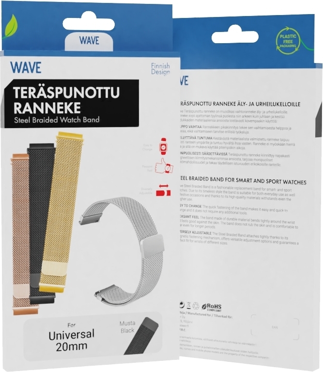 Laineline terasest punutud rihm 20mm, nutikellade ja spordikellade jaoks, must