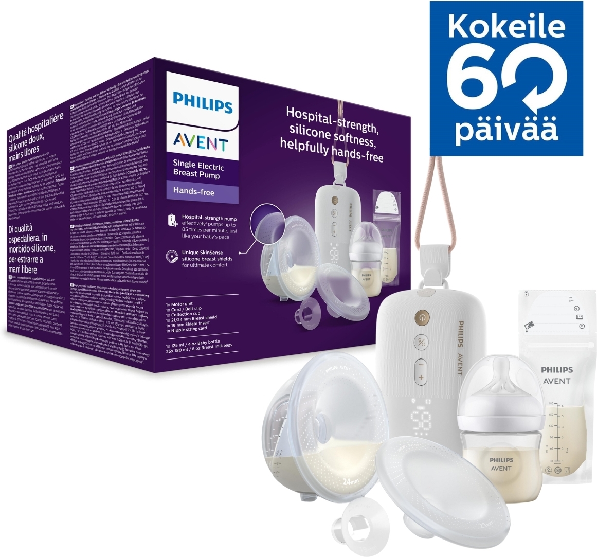 Philips Avent SCF543/11 Käed-vabad rinnapump ühe kogumistopsiga + lutipudel 125ml + 25 rinnapiimakotti