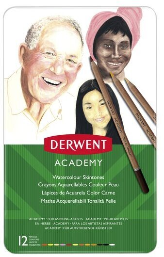 Derwent Academy akvarellpliiatsid metallkarbis, nahatoonid, 12 tk pakis
