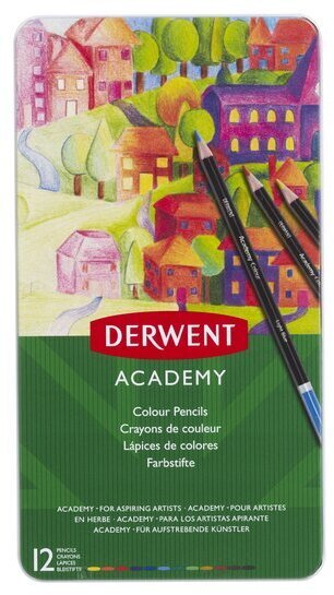 Derwent Academy puidust värvipliiatsid metallkarbis, 12 tk