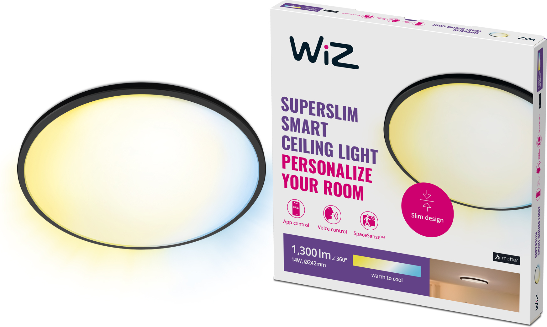 WiZ SuperSlim laelamp, ümmargune, must, 14 W, reguleeritav valge, Wi-Fi