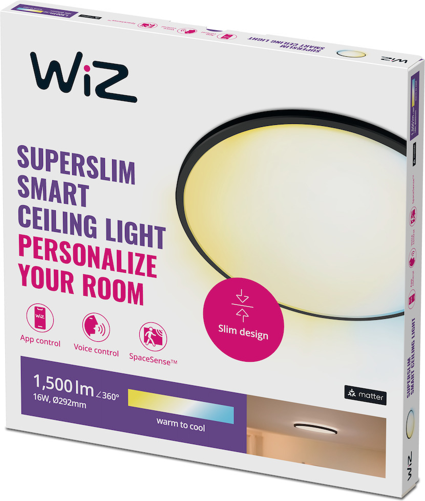 WiZ SuperSlim laelamp, ümmargune, must, 16 W, reguleeritav valge, Wi-Fi