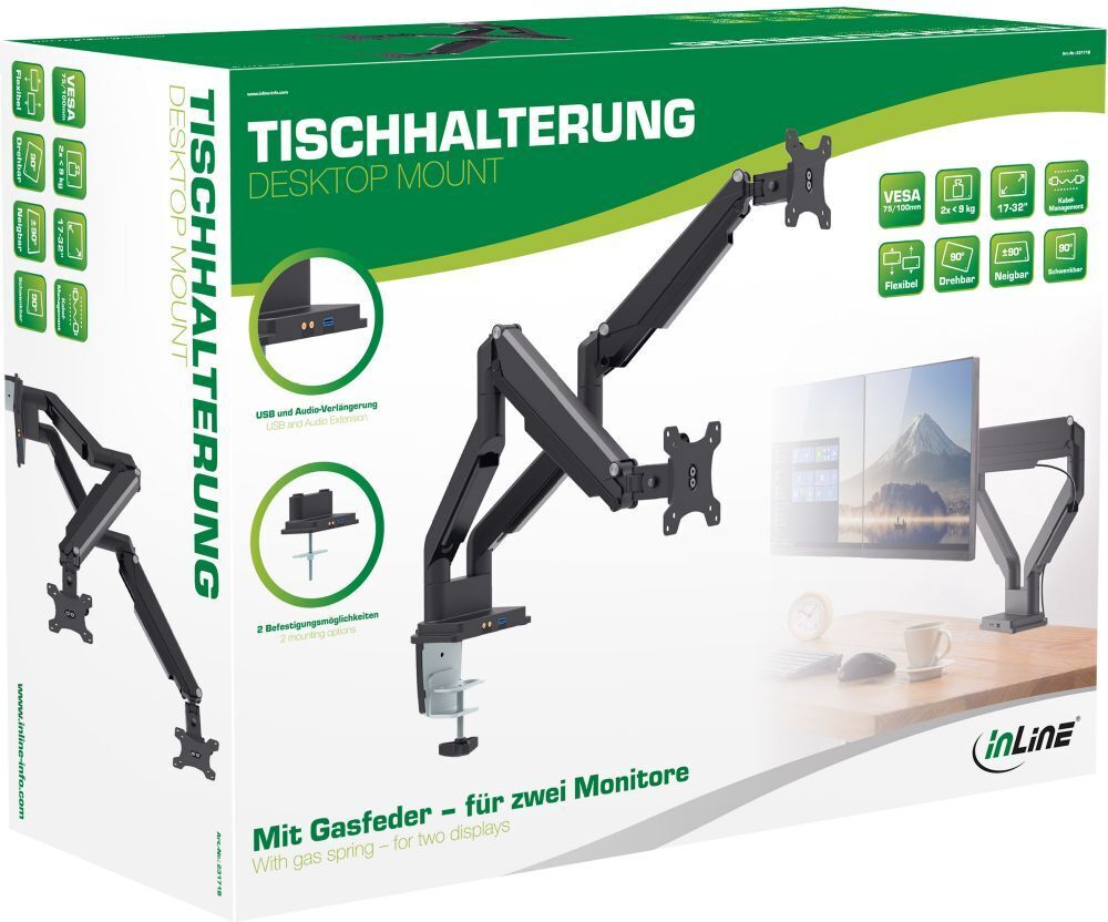 InLine topeltmonitorivars kahe monitori jaoks, gaasvedruga, USB 3.0, must - Image 3