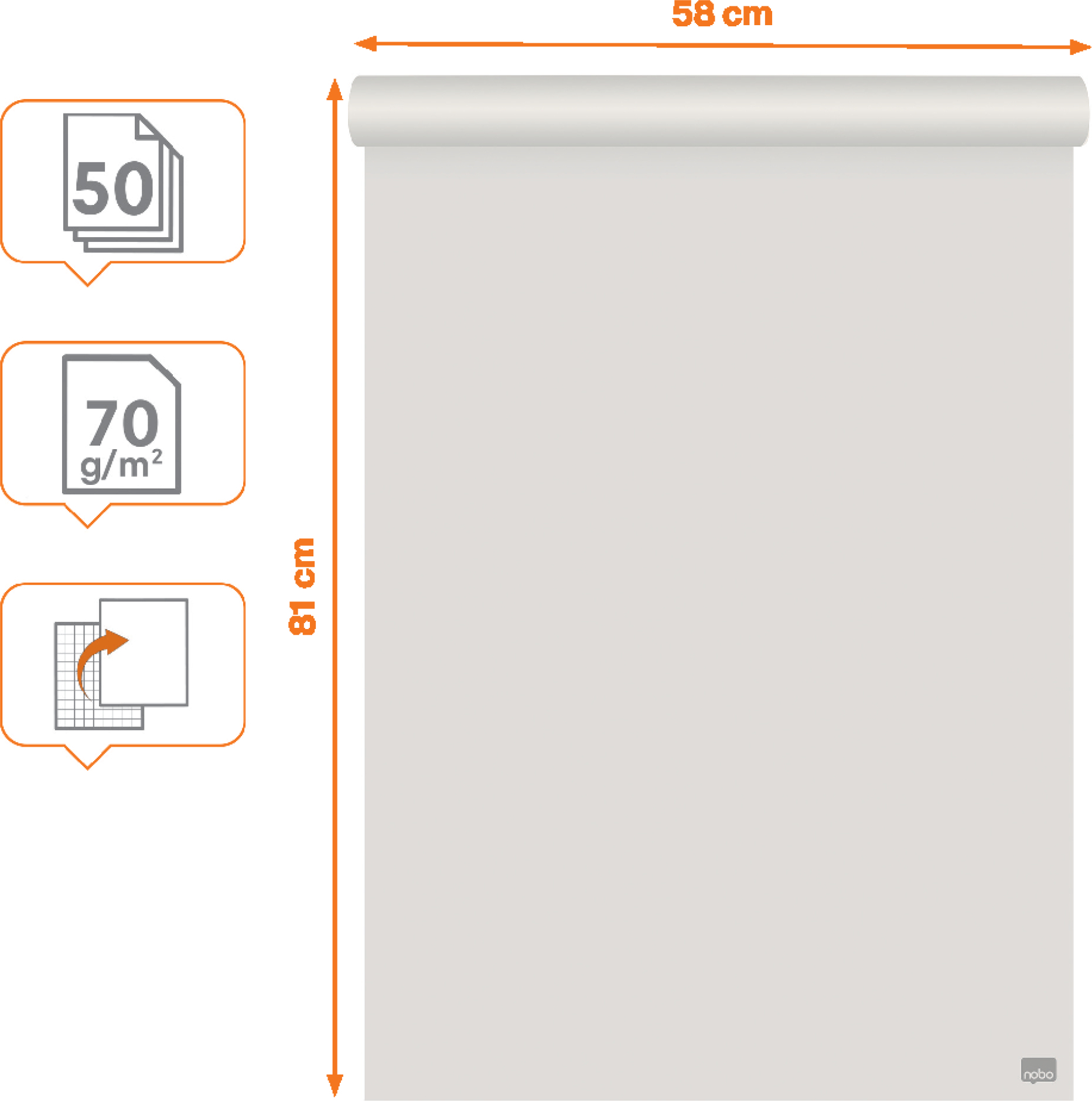 Nobo taaskasutatud pabertahvlile 58 x 81 cm, tühi/ruudukujuline, 2 x 50 lehte, 70g/m²