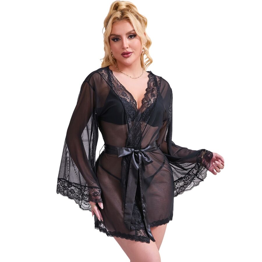 TRANSPARENT FABRIC ROBE WITH LACE DETAIL BLACK L/XL