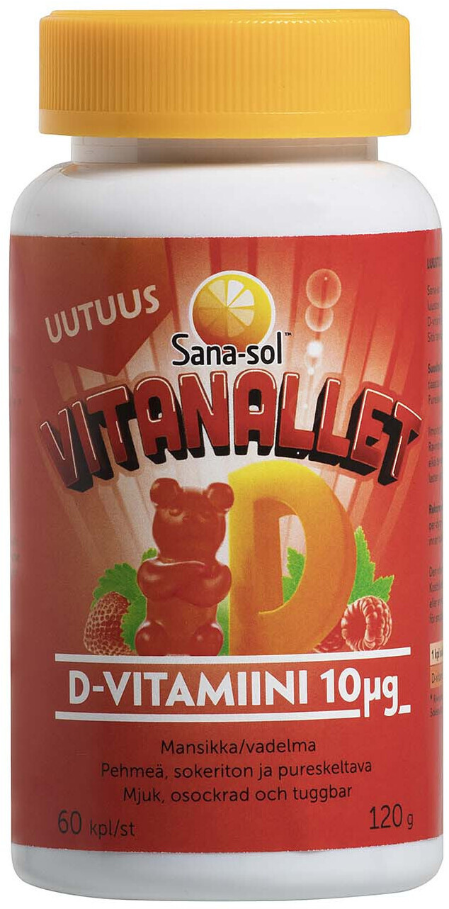 Sana-sol Vitanallet D-vitamiin maasika-vaarika maitsega, 60 tk