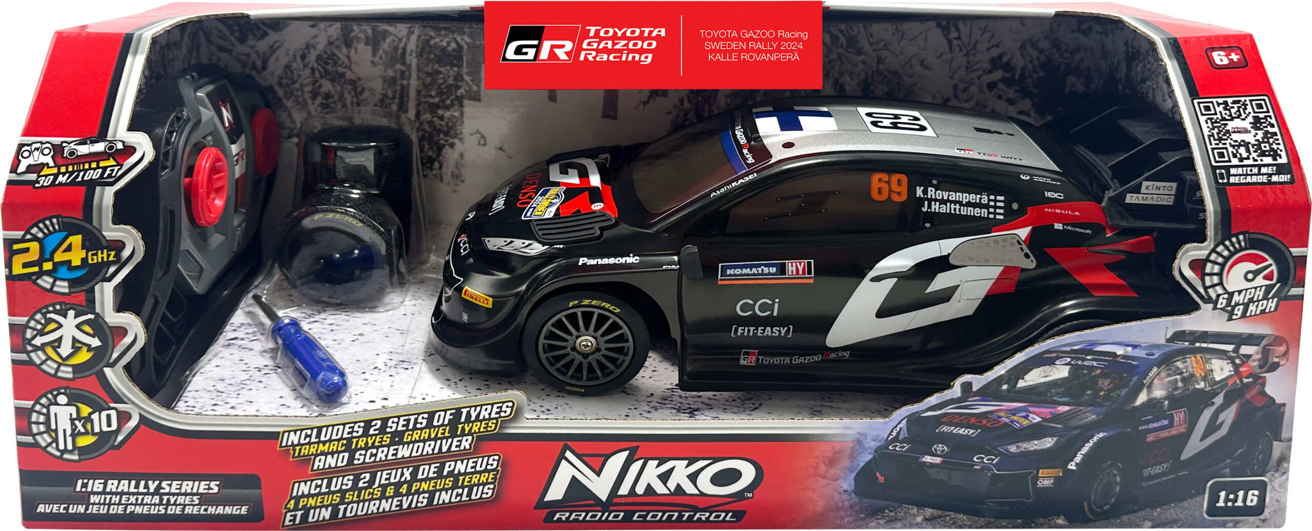 NIKKO Toyota Gazoo Racing Rovanperä Rootsi ralli 2024, puldiga juhitav auto varurehvidega, 1:16