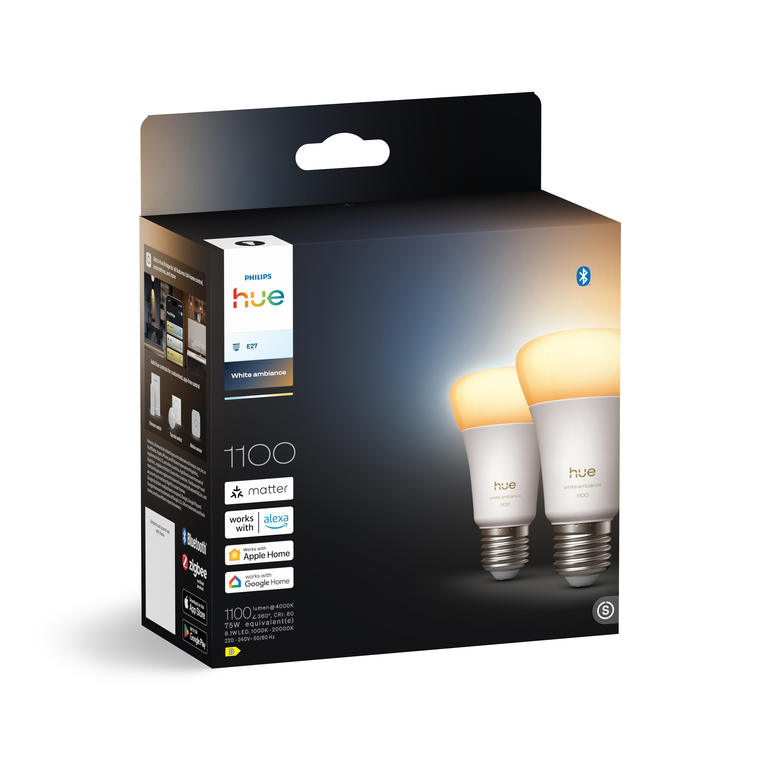 Philips Hue LED nutipirn, valge meeleoluvalgus, E27, 1100 lm, 2 tk pakis