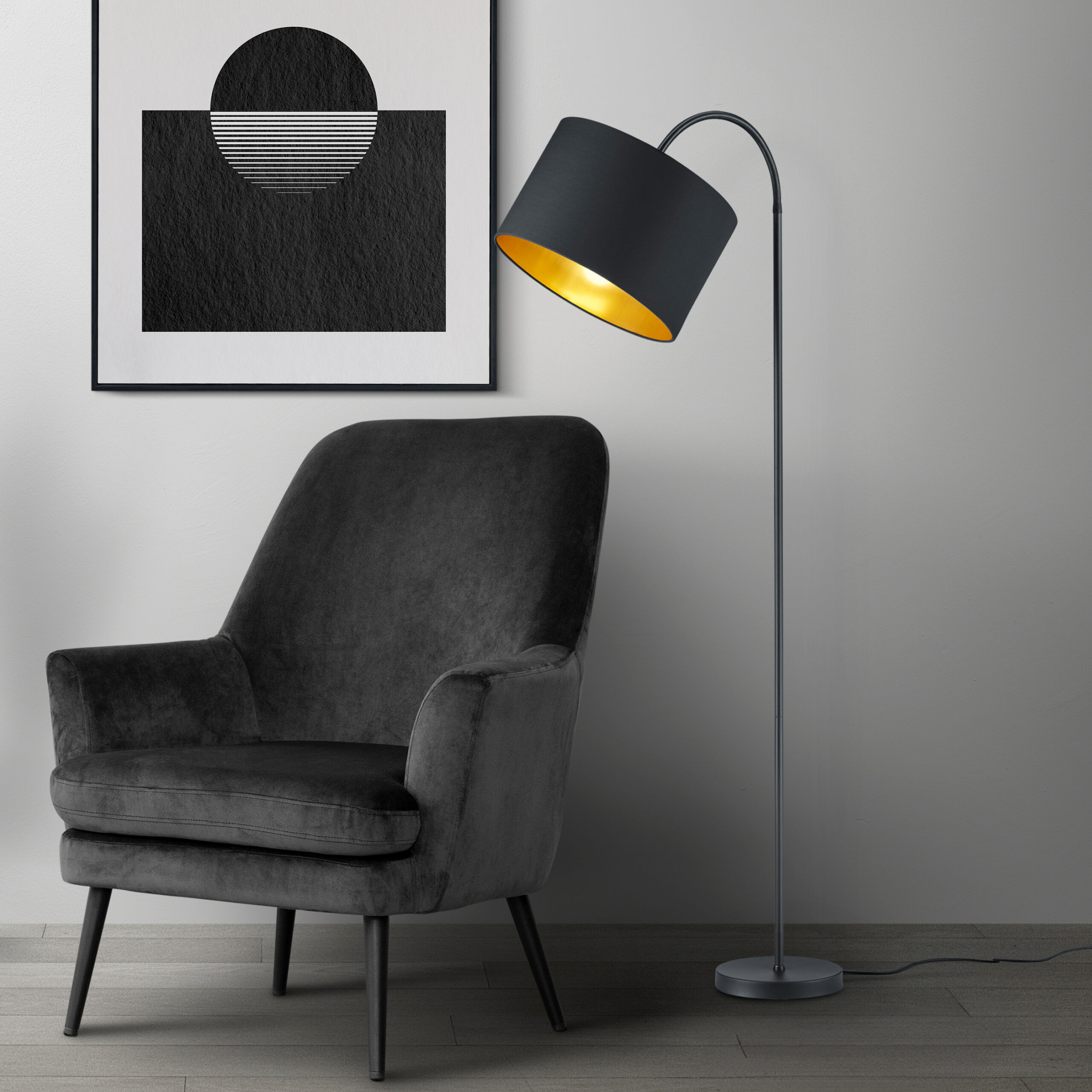 Trio Hostel Arc põrandalamp E27, matt must/kuldne - Image 4