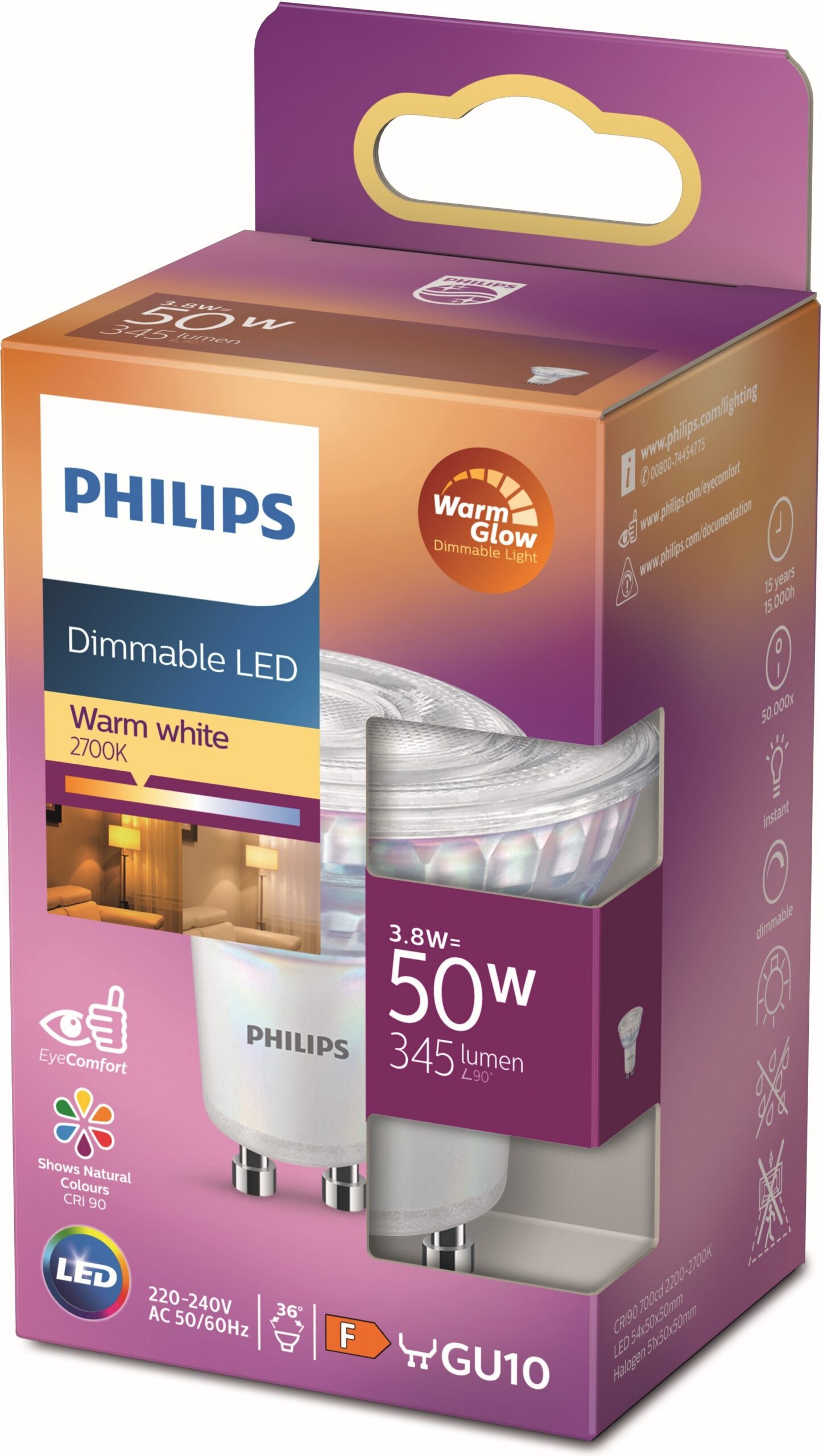 Philips Warm Glow LED-kohtlamp, GU10, 2200-2700 K, 345 lm, hämardatav - Image 2