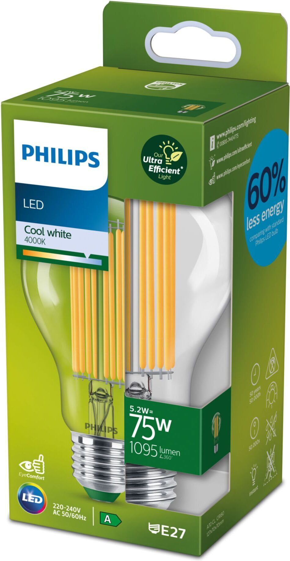 Philips Ultra Efficient LED-pirn, E27, 4000 K, 1095 lm, läbipaistev pind