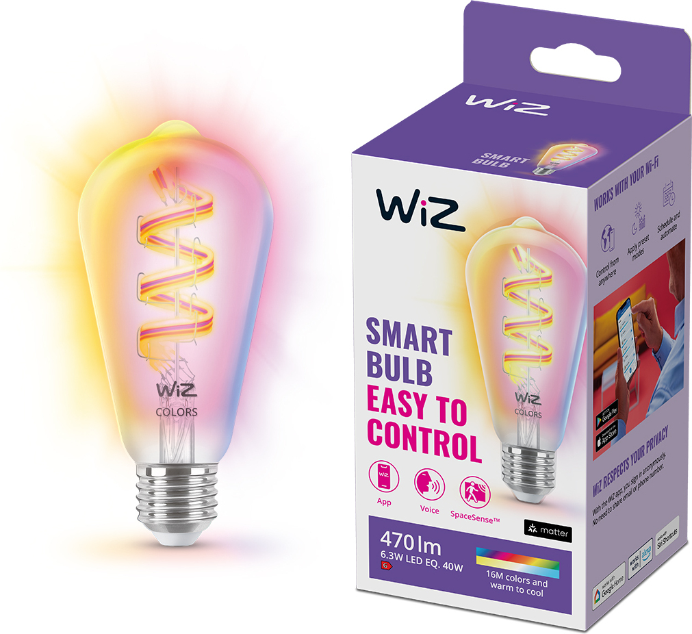 WiZ nutilamp, E27, ST64, RGB, Wi-Fi, 2200-6500 K, läbipaistev, 470 lm, 1 tk - Image 3