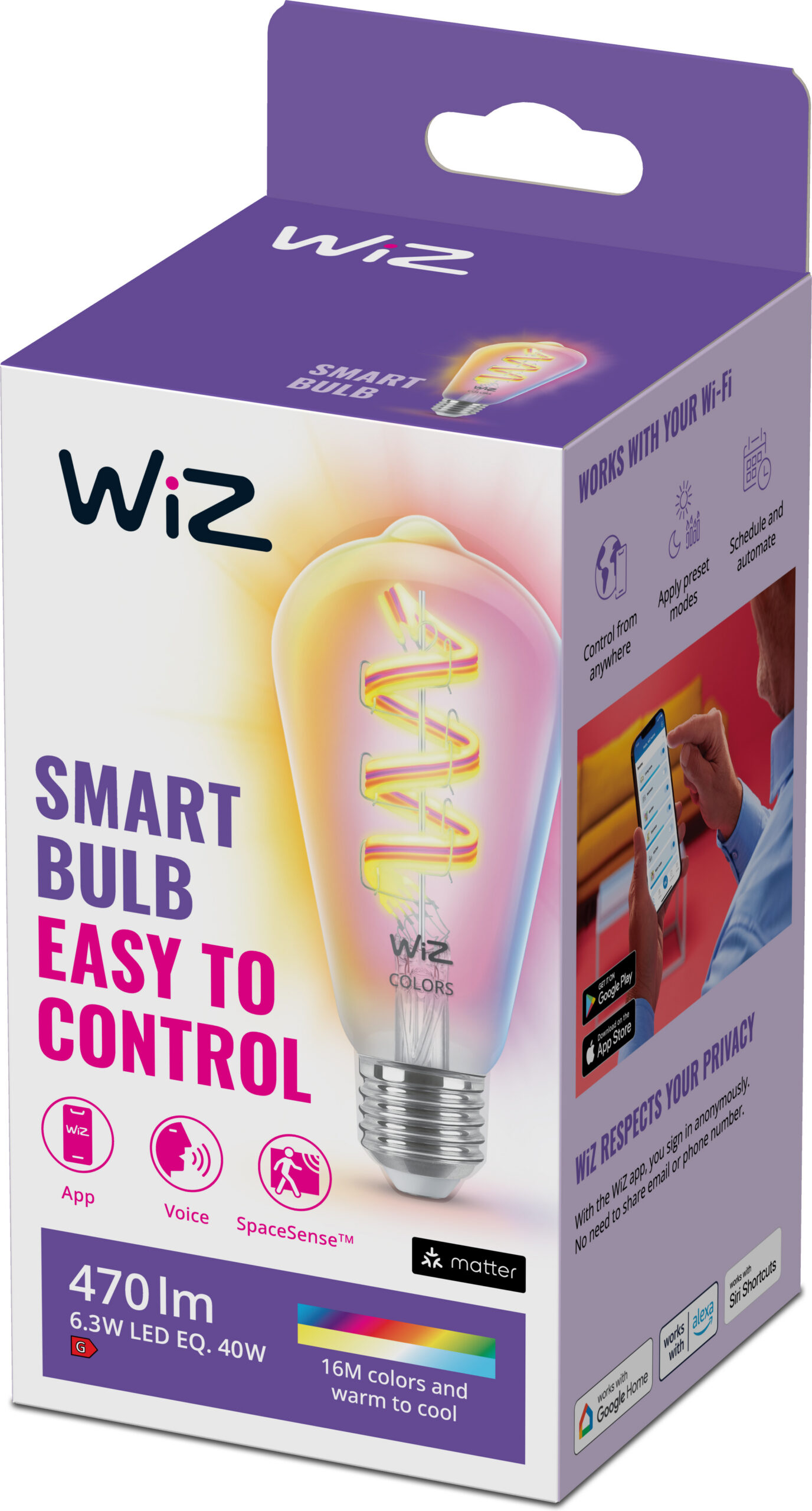 WiZ nutilamp, E27, ST64, RGB, Wi-Fi, 2200-6500 K, läbipaistev, 470 lm, 1 tk - Image 4