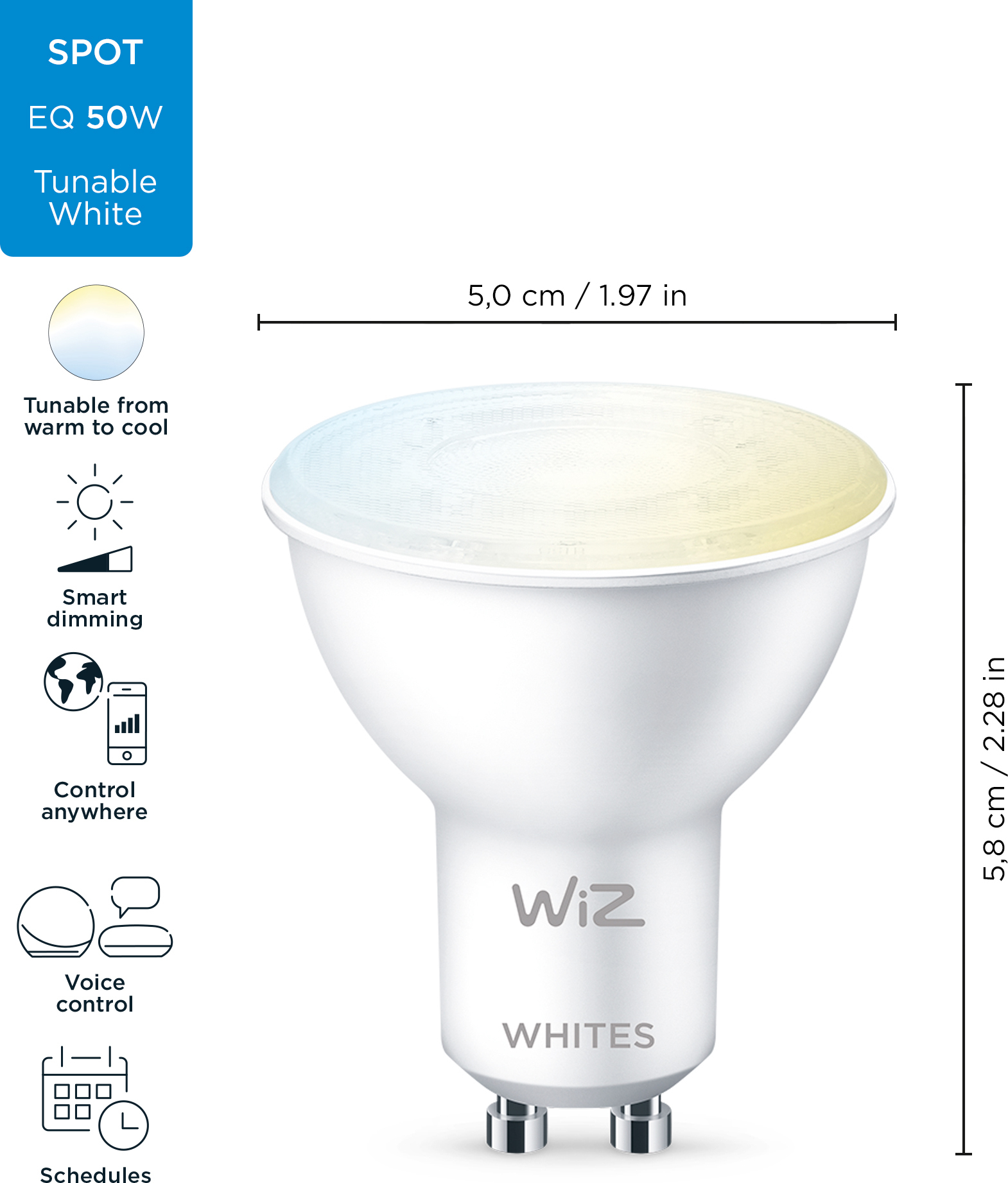 WiZ nutipirn, GU10, valged valgusvarjud, Wi-Fi, 2700-6500 K, 345 lm, 2 tk pakis - Image 2