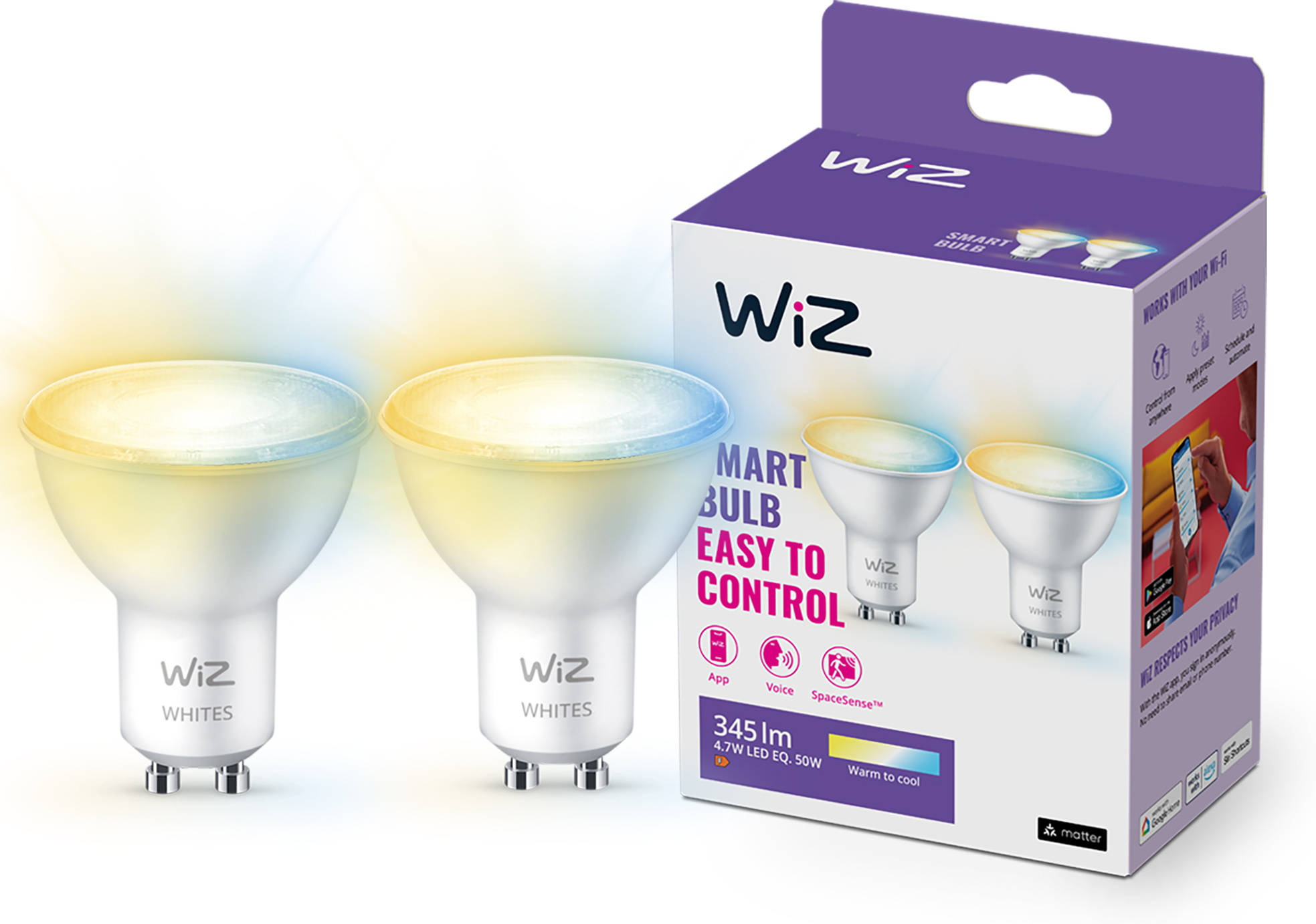 WiZ nutipirn, GU10, valged valgusvarjud, Wi-Fi, 2700-6500 K, 345 lm, 2 tk pakis - Image 3