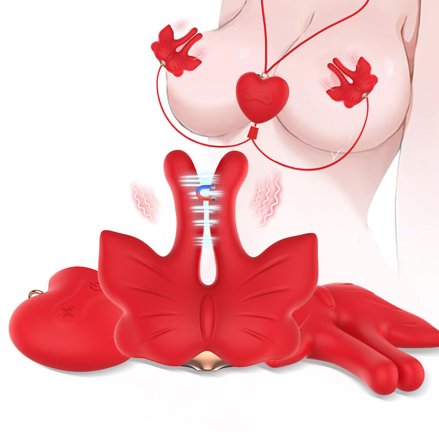 MAGNETIC NIPPLE CLAMPS WITH VIBRATION BUTTERFLY SHAPE RED - Image 2