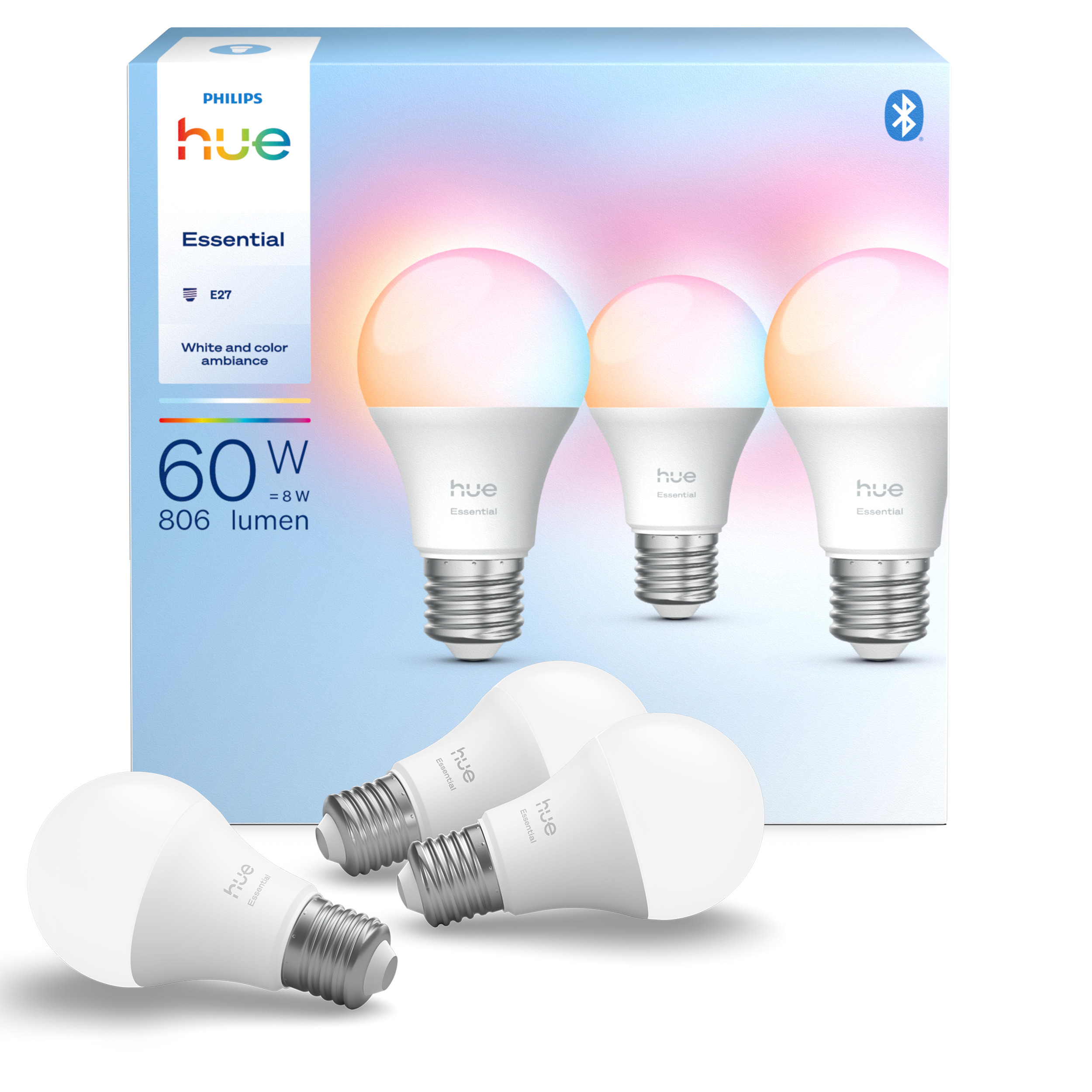 Philips Hue Essential nutikas pirn, valge ja värviline meeleoluvalgus, E27, 806 lm, 3 tk pakis