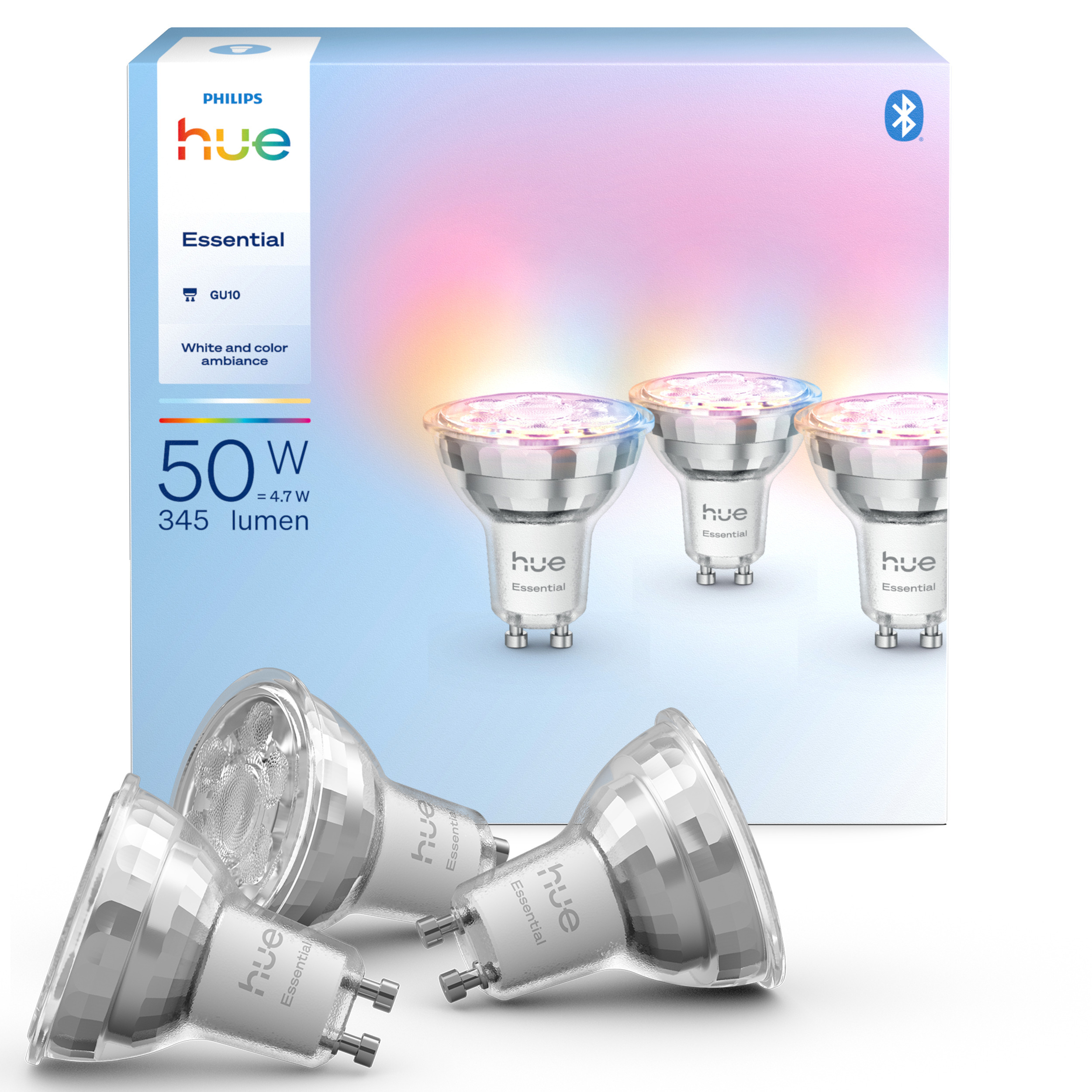 Philips Hue Essential nutikas kohtvalgusti, valge ja värviline meeleoluvalgus, GU10, 345 lm, 3 tk pakis
