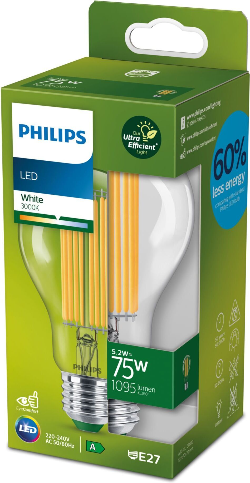 Philipsi ülitõhus LED-pirn, E27, 3000 K, 1095 lm, läbipaistev