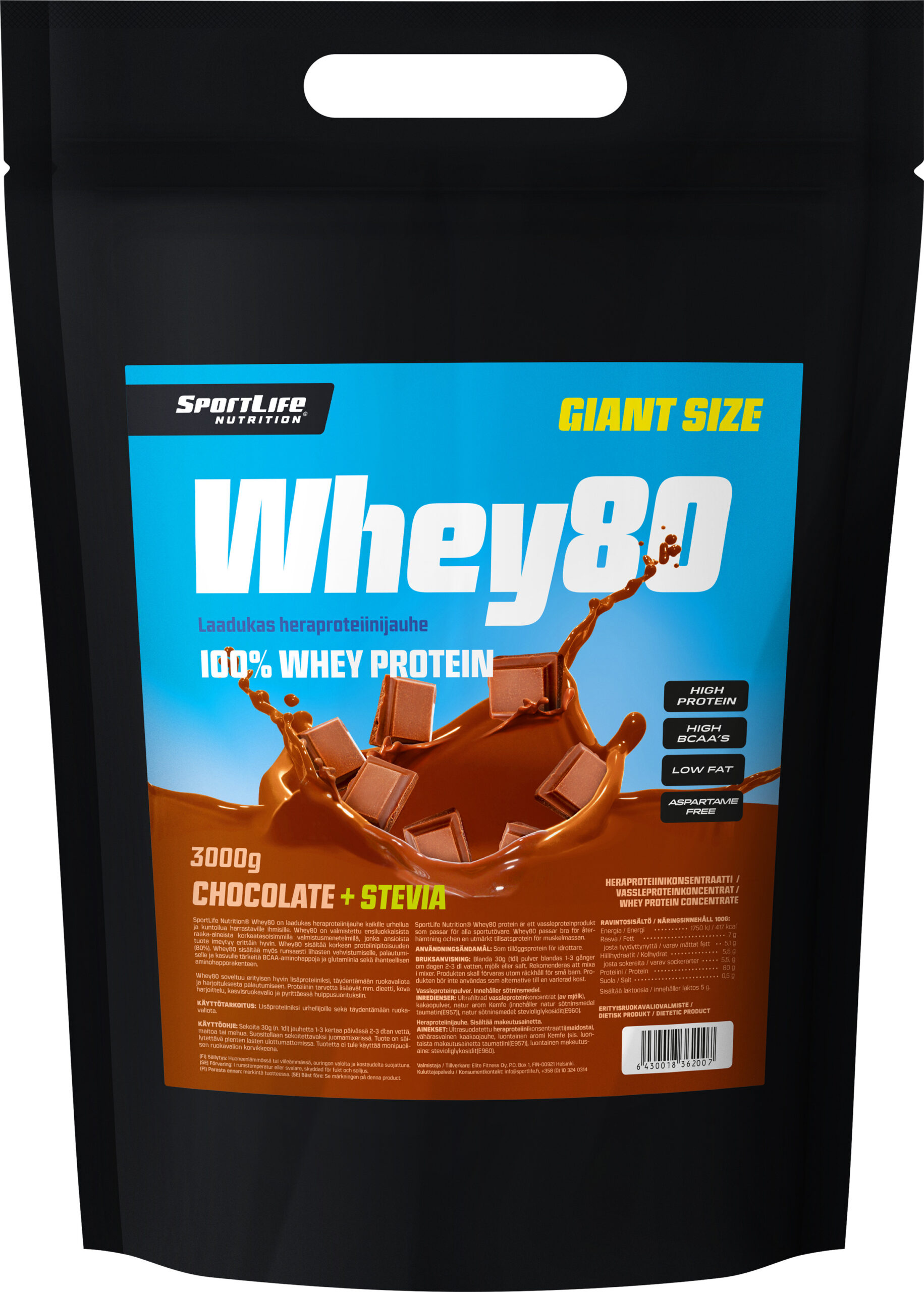 SportLife Whey80 šokolaadi ja stevia vadakuvalk, 3 kg
