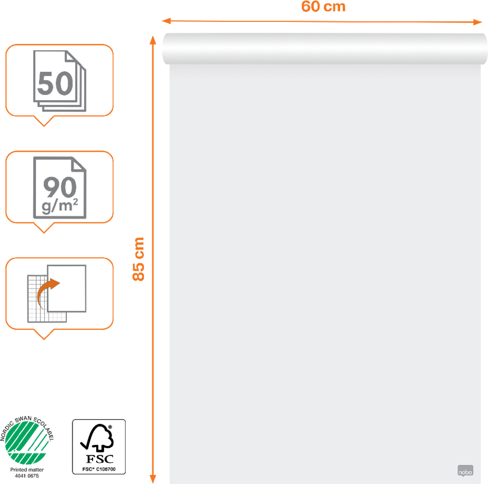 Nobo Premium pabertahvli paber 60 x 85 cm, tühi/ruudukujuline, 2 x 50 lehte, 90g/m²