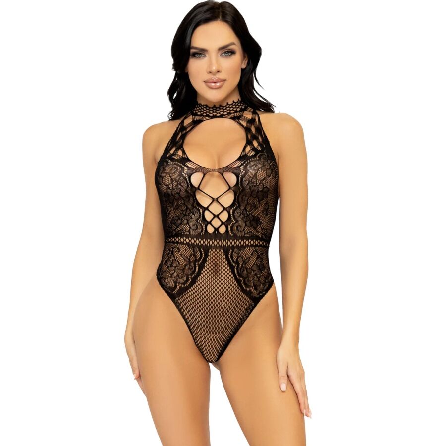 NET AND LACE KEYHOLE HALTER BODYSUIT ONE SIZE