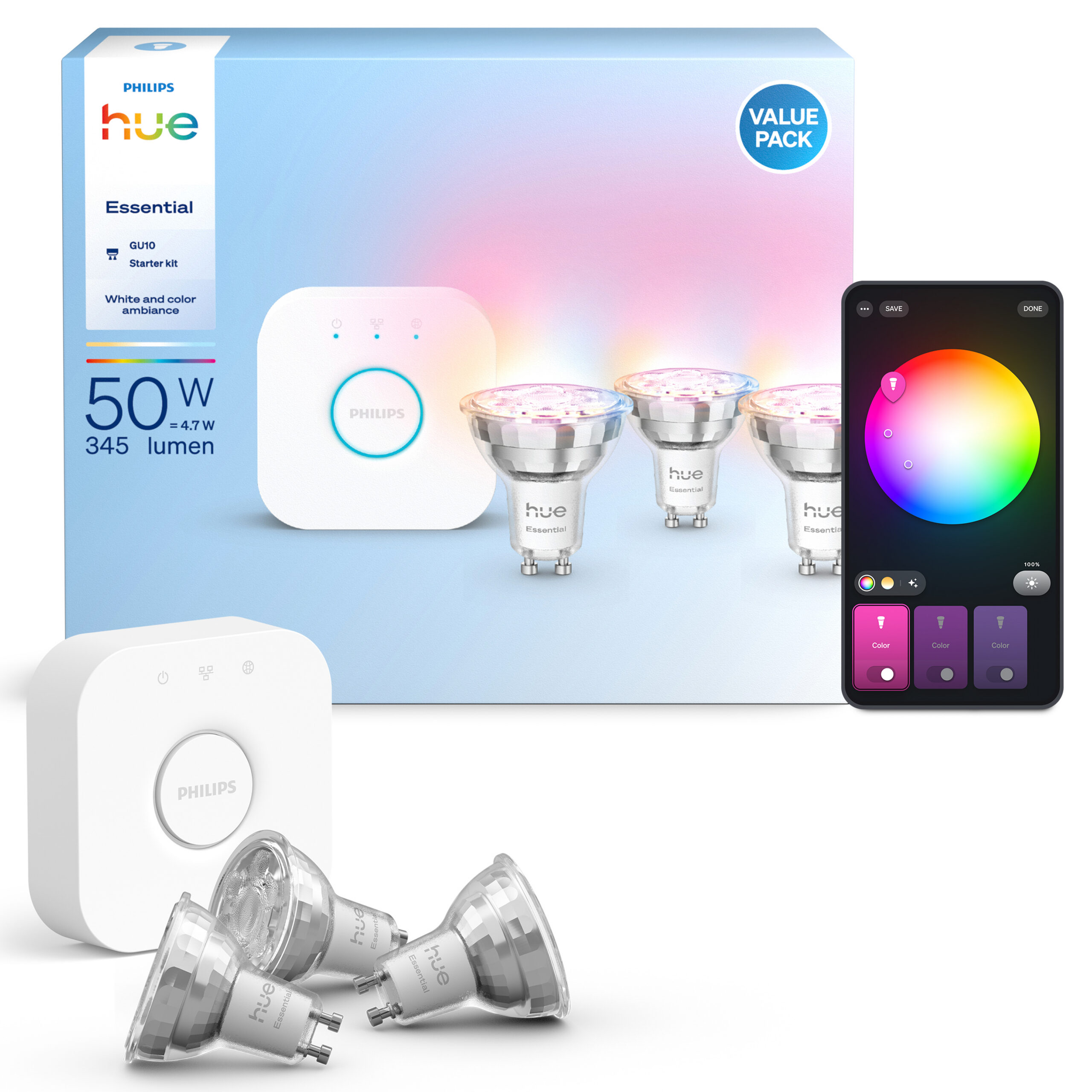 Philips Hue Essential stardikomplekt, GU10 nutikad pirnid, 3 tk