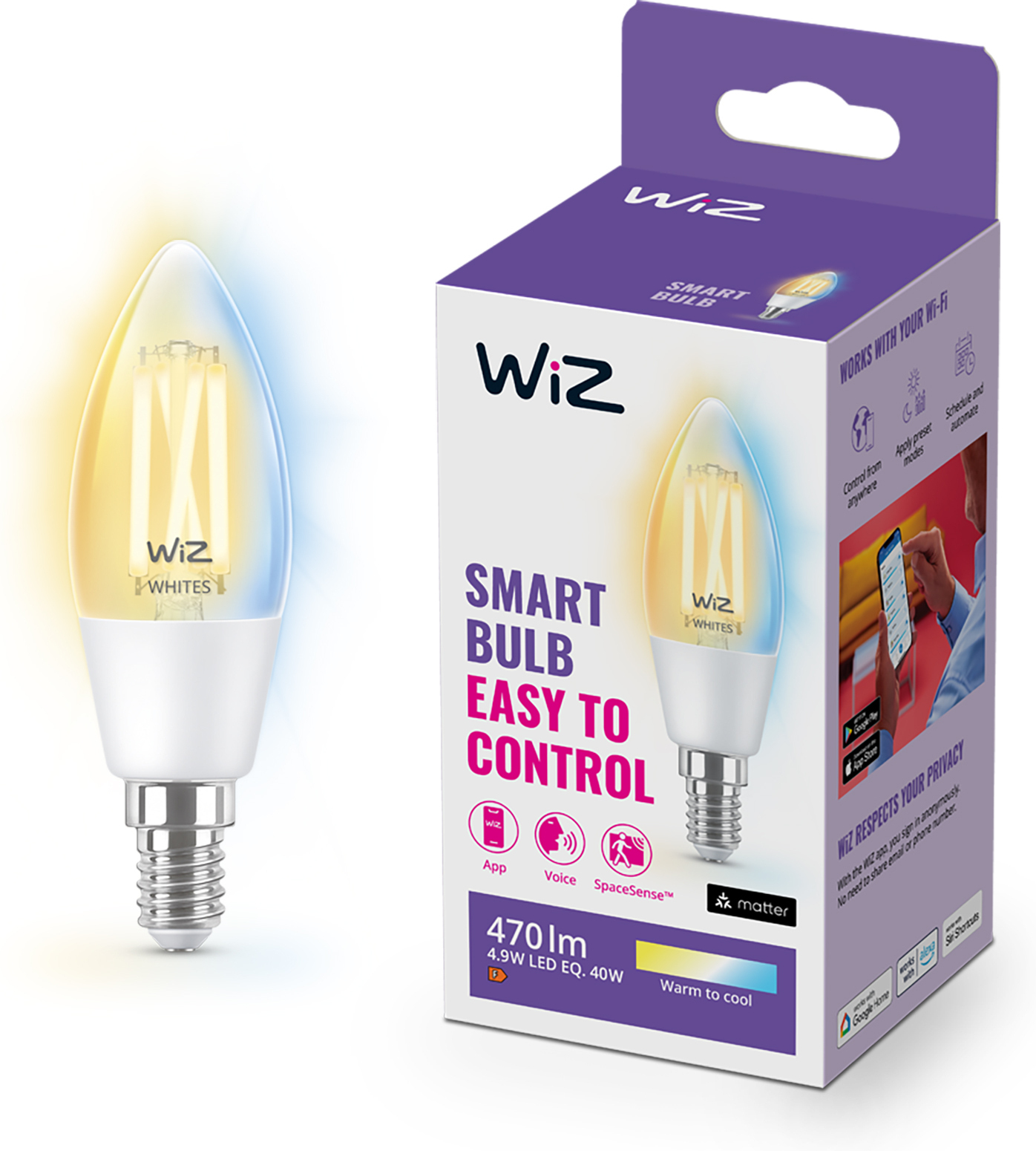 WiZ nutikas pirn, E14, läbipaistev klaas, reguleeritav valge - valged valgusvarjud, Wi-Fi, 2700-6500 K, 470 lm - Image 3