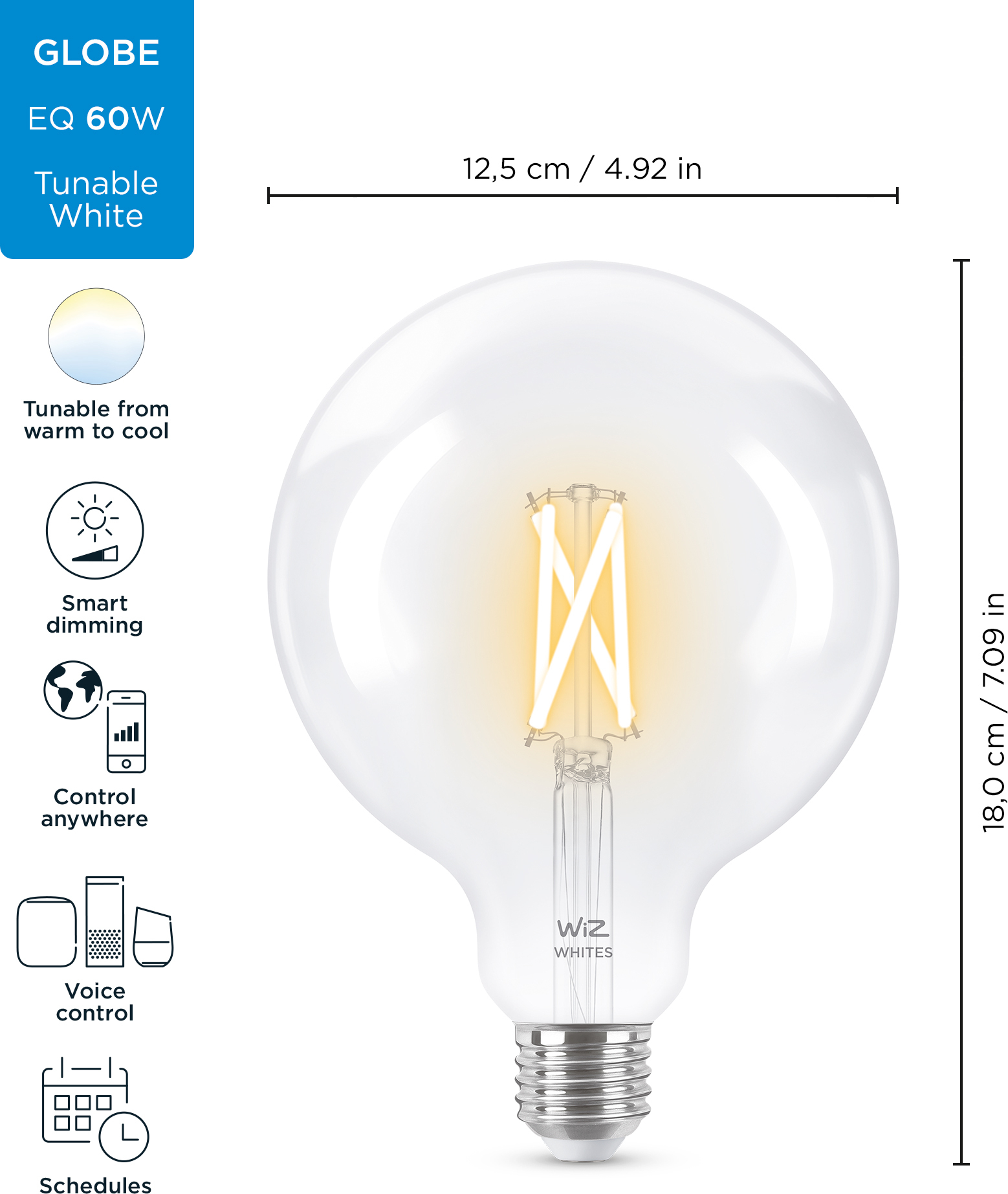 WiZ nutikas pirn ümmargune, E27, läbipaistev klaas, reguleeritav valge - valged valgusvarjud, Wi-Fi, 2700-6500 K, 806 lm, 12,5 cm - Image 3