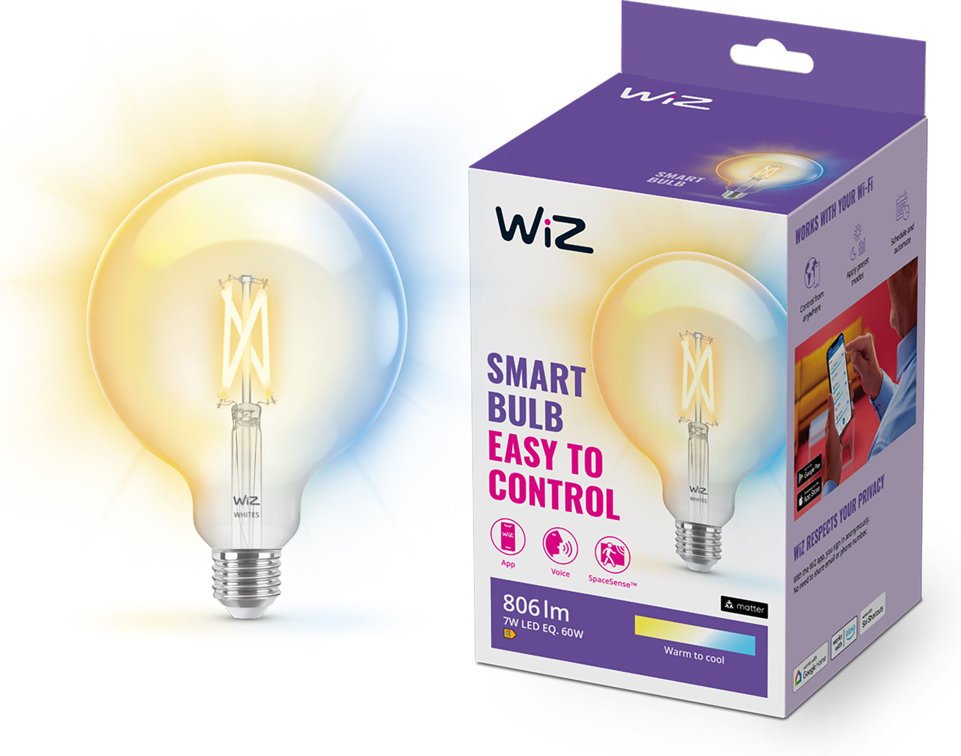 WiZ nutikas pirn ümmargune, E27, läbipaistev klaas, reguleeritav valge - valged valgusvarjud, Wi-Fi, 2700-6500 K, 806 lm, 12,5 cm - Image 4