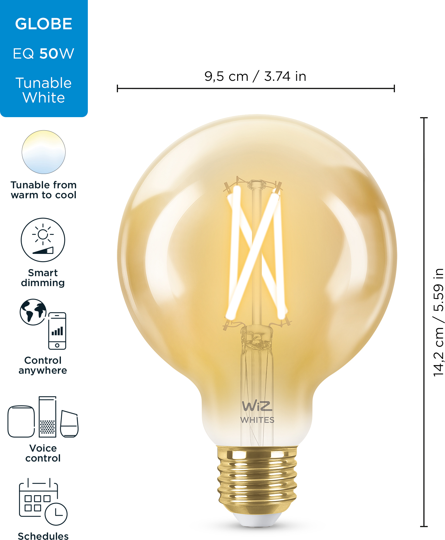 WiZ nutikas pirnikuul, E27, merevaigukollane klaas, reguleeritav valge - valge valguse varjundid, Wi-Fi, 2000-5000 K, 640 lm, 9 cm - Image 4