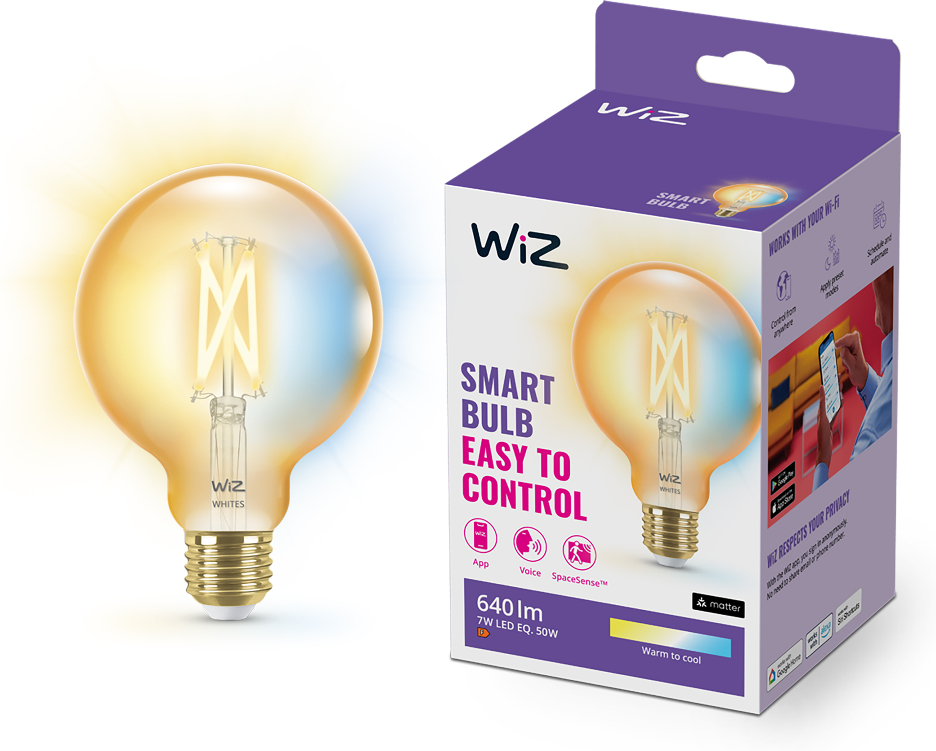 WiZ nutikas pirnikuul, E27, merevaigukollane klaas, reguleeritav valge - valge valguse varjundid, Wi-Fi, 2000-5000 K, 640 lm, 9 cm - Image 3