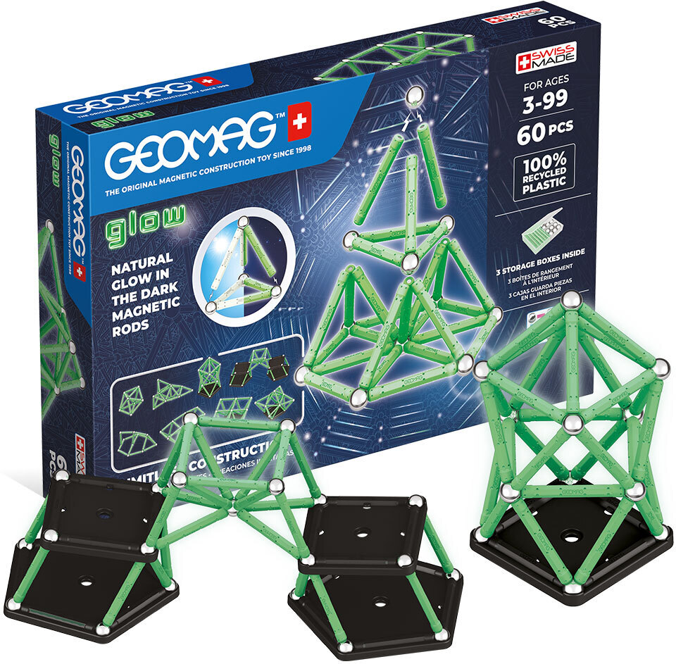 Geomag Glow taaskasutatud magnetiline ehituskomplekt, 60 osa