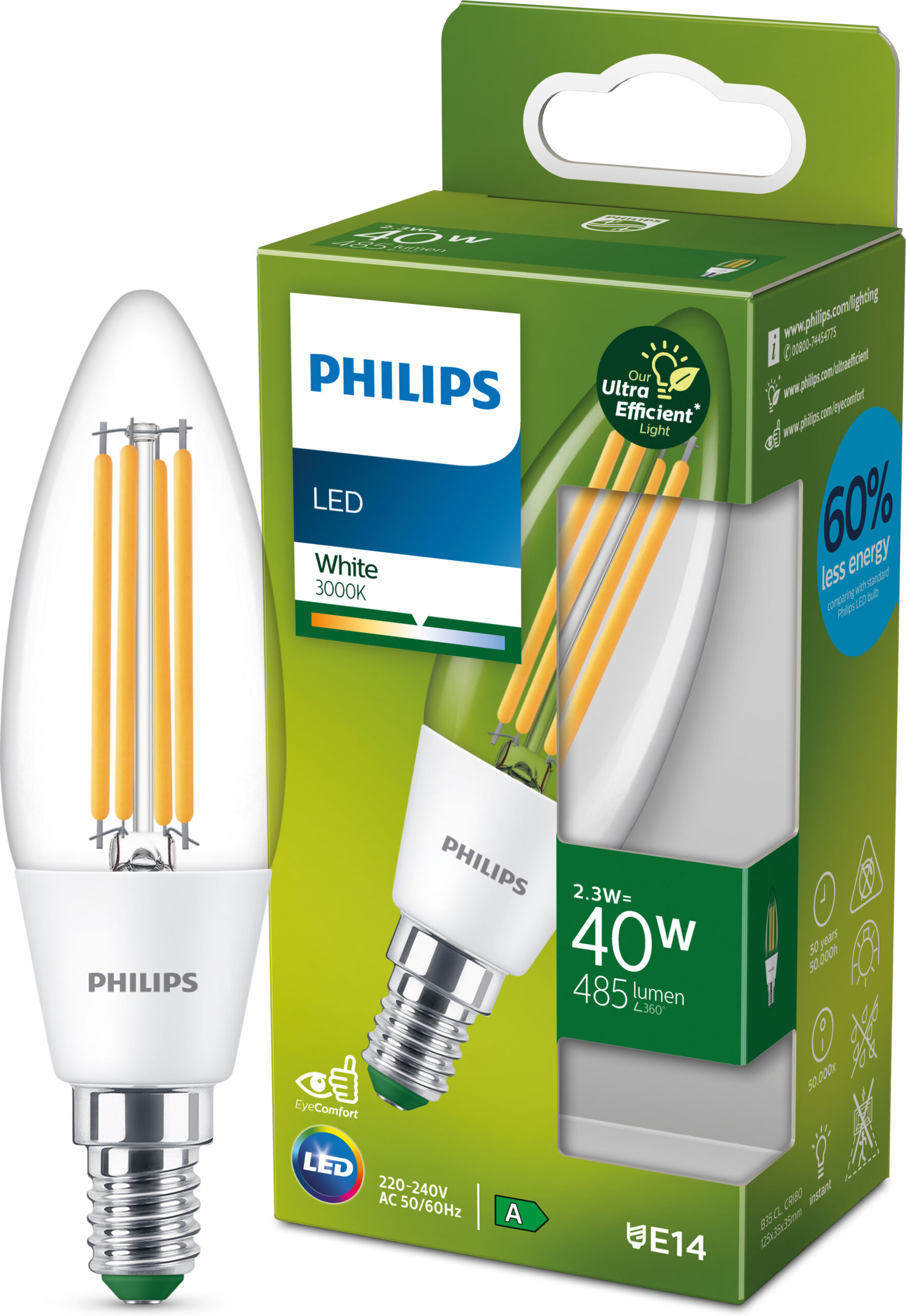Philips Ultra Efficient LED-küünlalamp, E14, 3000K, 485 lm, läbipaistev