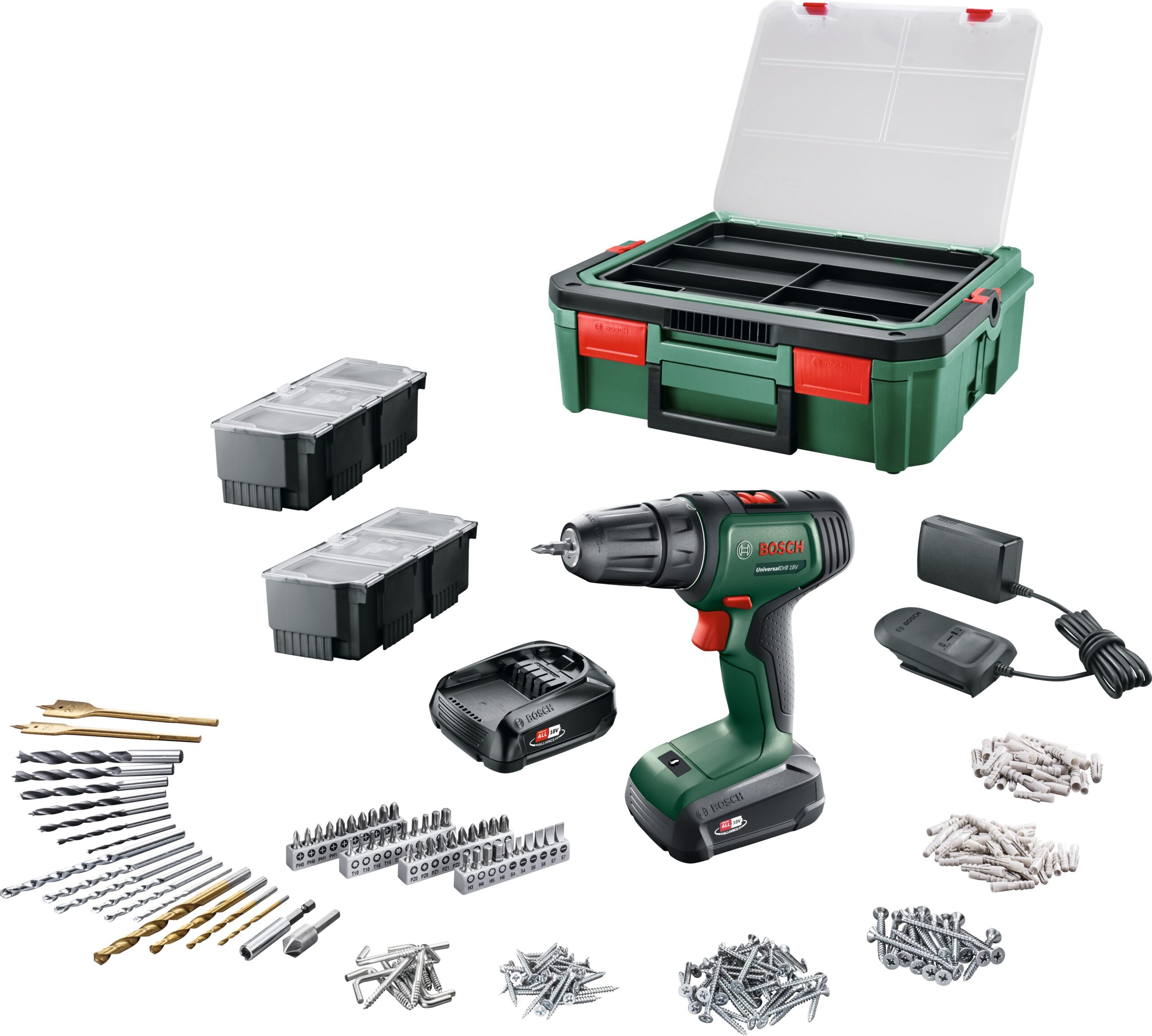 Bosch UniversalDrill 18V + SystemBox 241 akutrell + lisatarvikute komplekt