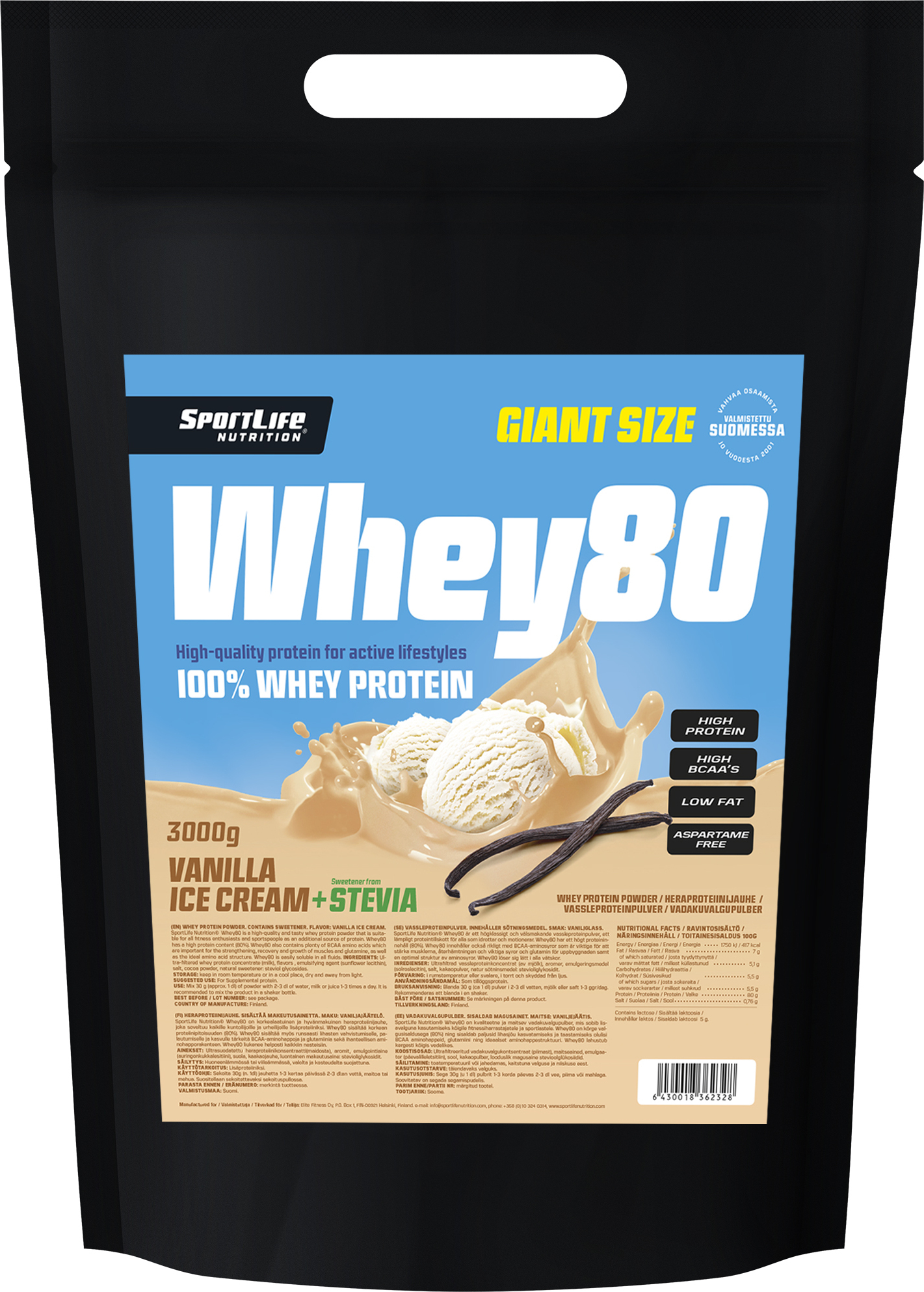 SportLife Whey80 vaniljejäätis + stevia vadakuvalgupulber, 3 kg
