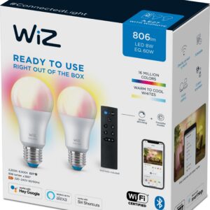 WiZ nutikas pirn, E27, RGBW - kõik värvid ja valged valgusvarjud, Wi-Fi, 806 lm, 2 tk komplektis WiZ puldiga