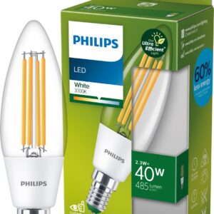 Philipsi ülitõhus LED-küünlalamp, E14, 3000K, 485 lm, läbipaistev pind