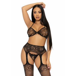 THREE PIECES SET BRA, STRING AND STOCKING ONE SIZE BLACK