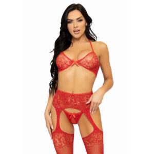 THREE PIECES SET BRA, STRING AND STOCKING ONE SIZE RED