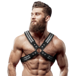 MENS CROSSED CHEST ECO-LEATHER HARNESS WITH RIVETS